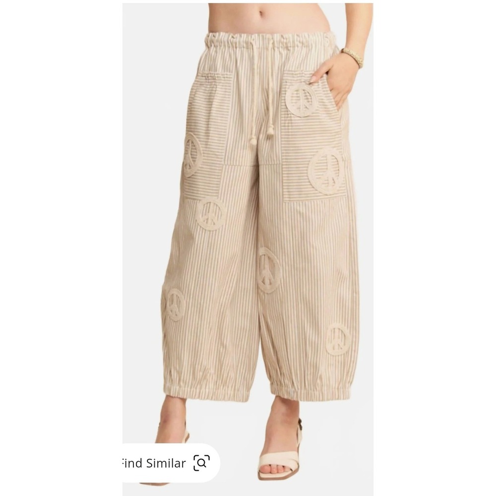 Davi & Dani Peace Sign Striped Wide Leg Pants Womens L Tan White‎ Boho Relaxed